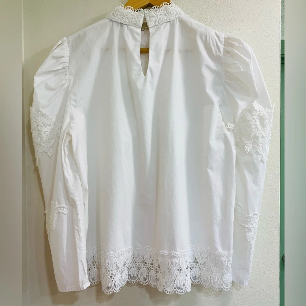 Zara white High neck long-sleeve Lace Puff Sleeve Victorian Blouse Large